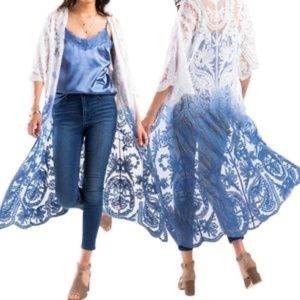 HP!  American Rag Ladies Blue and White Lace Tie Front Lace Duster Sz M